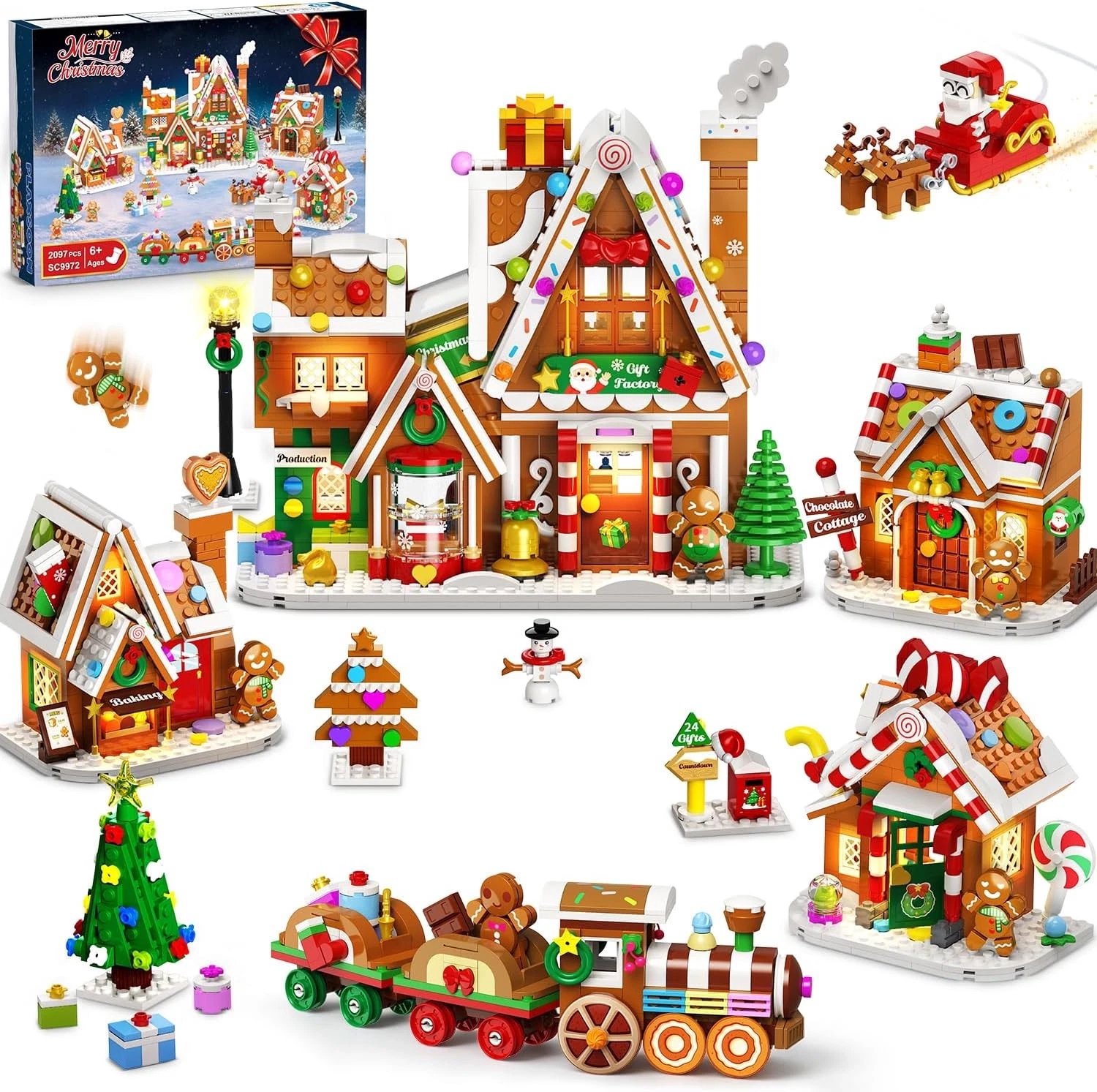 PLAXSOON Kerst-peperkoekhuisje 'Cadeaufabriek' – Mini-bouwset met verlichting – Kerstbouwset (2026) met kerstboom en dorp – Decoratief cadeau voor volwassenen, meisjes en jongens (12+)