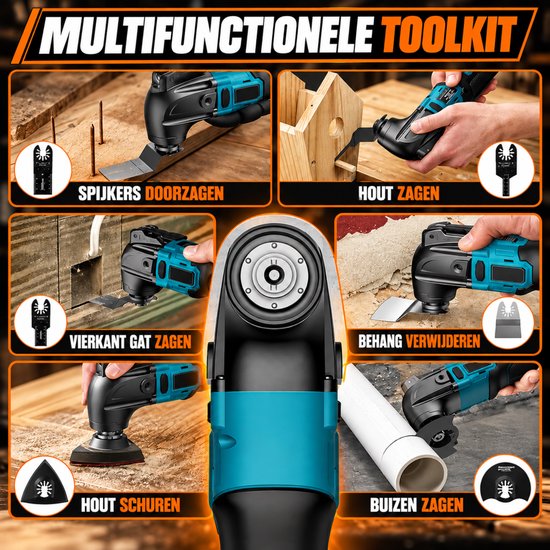 Instava multitool in gebruik voor diverse taken: zagen, schuren en behang verwijderen met verschillende opzetstukken.