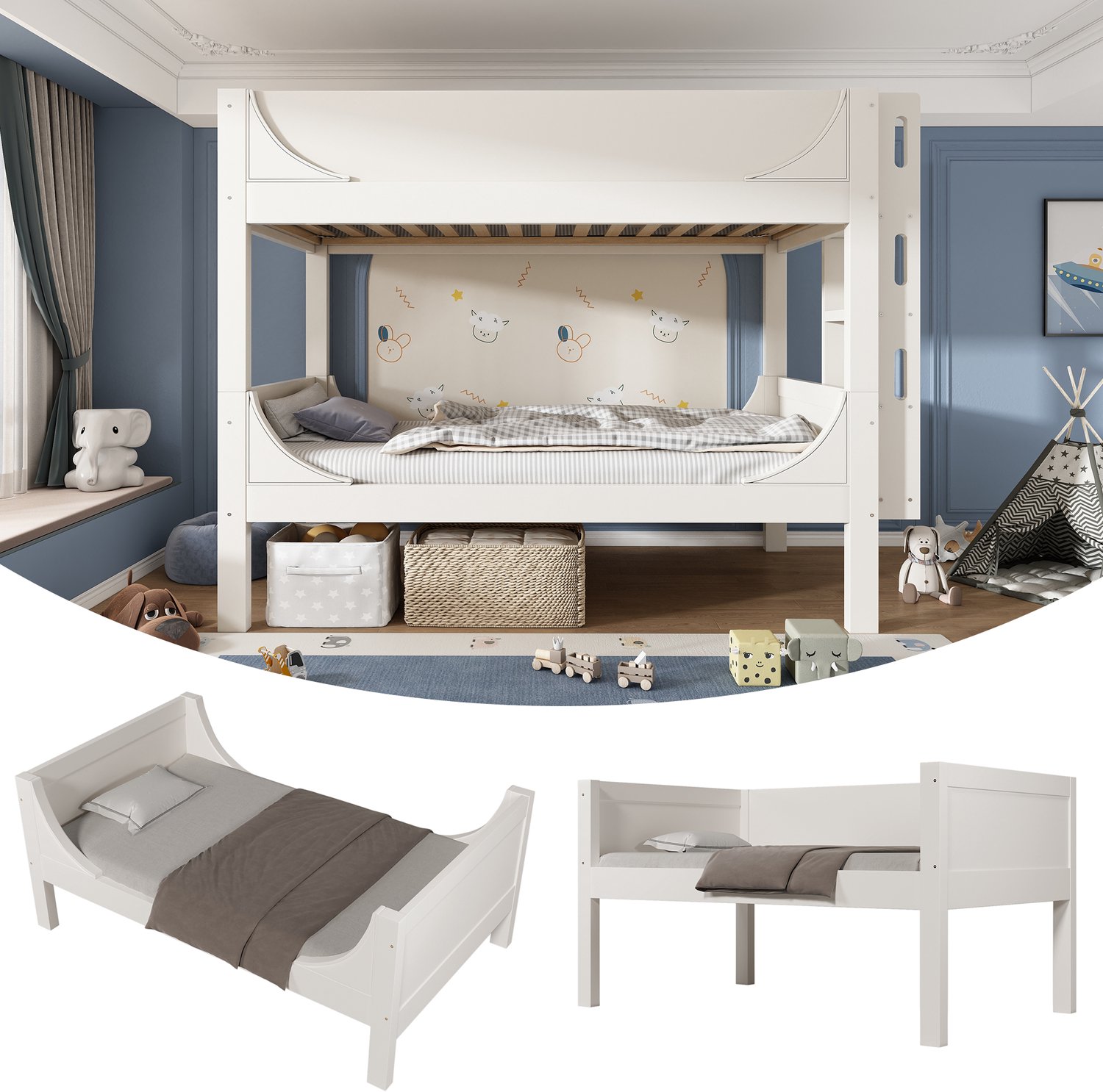 intebiki Deelbaar stapelbed 90x200cm met ladder die flexibel aan het hoofd-/voeteinde kan worden gemonteerd - sleevormig ontwerp - om te bouwen van 1 bed naar 2 eenpersoonsbedden - wit - EN747-1:2024 (exclusief matras)