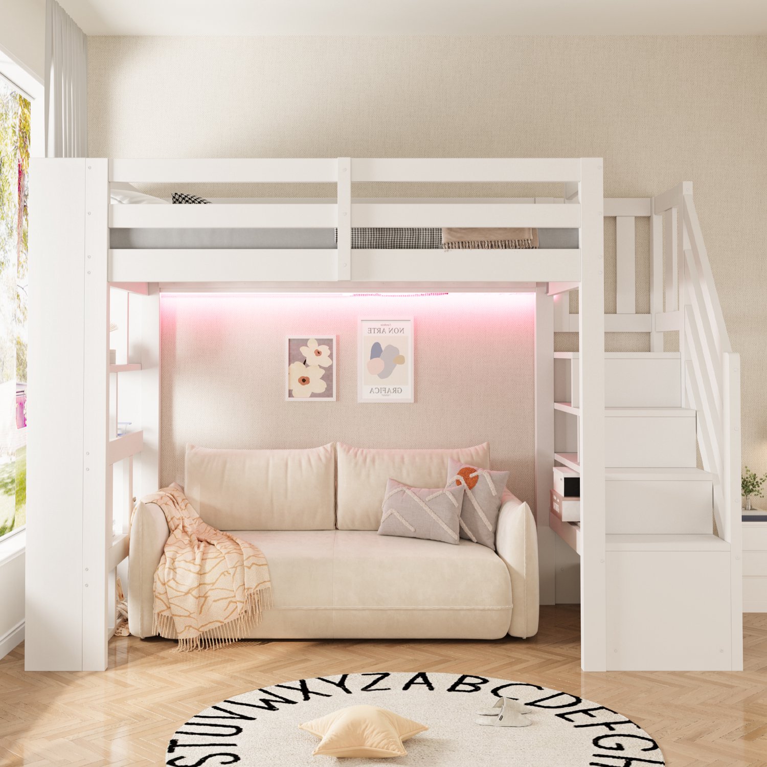 COVREO Hoogslaper met opbergtrap – 90 x 200 cm – Kinderbed voor kinderkamer – Met lattenbodem en LED – Wit - zonder matras