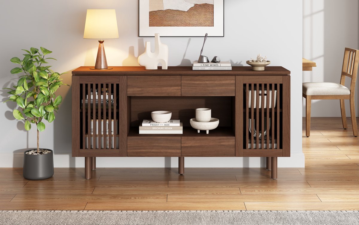 MIVRAY Dressoir - Vier Lades En Twee Lameldeuren - Voor Woonkamer, Eetkamer En Hal - MDF - Walnootkleur - 140 x 35 x 71 Cm