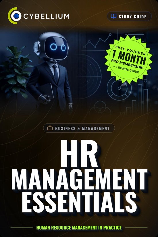 Robot in pak met studiegids, inclusief voucher voor 1 maand pro-lidmaatschap en bonusgids voor HR Management Essentials.