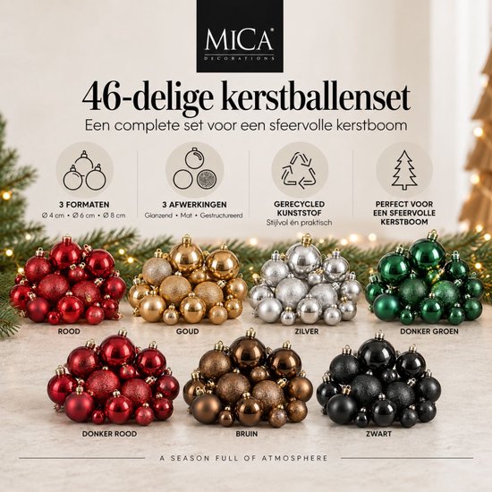 46-delige Mica Decorations kerstballenset in zeven kleuren, gemaakt van gerecycled kunststof in drie formaten.