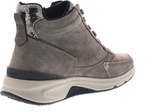 Achterkant Gabor Rollingsoft veterschoen hoog in taupe suède, met metallic accenten op de hak.