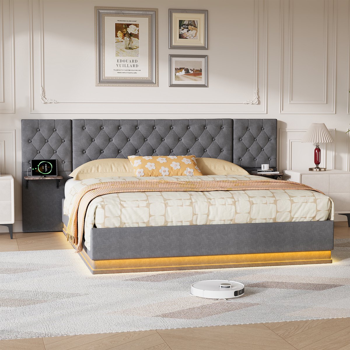 Solvenrik Bed 160x200 Grijs met Opbergruimte & LED – Gestoffeerd Linnen Bed met Extra Breed Hoofdbord en Opbergplanken