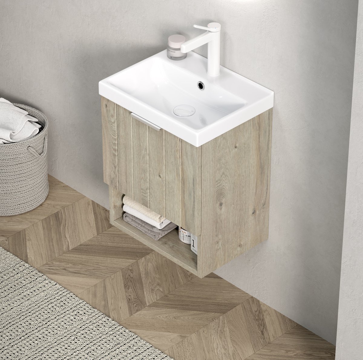 HAUSS SPOLE Badkamermeubel - Wandhangend Met Keramische Wastafel - Twee Deuren En Open Vak - Multiplex - 42x32x53 Cm - Crèmewitte Houtnerf En Wit