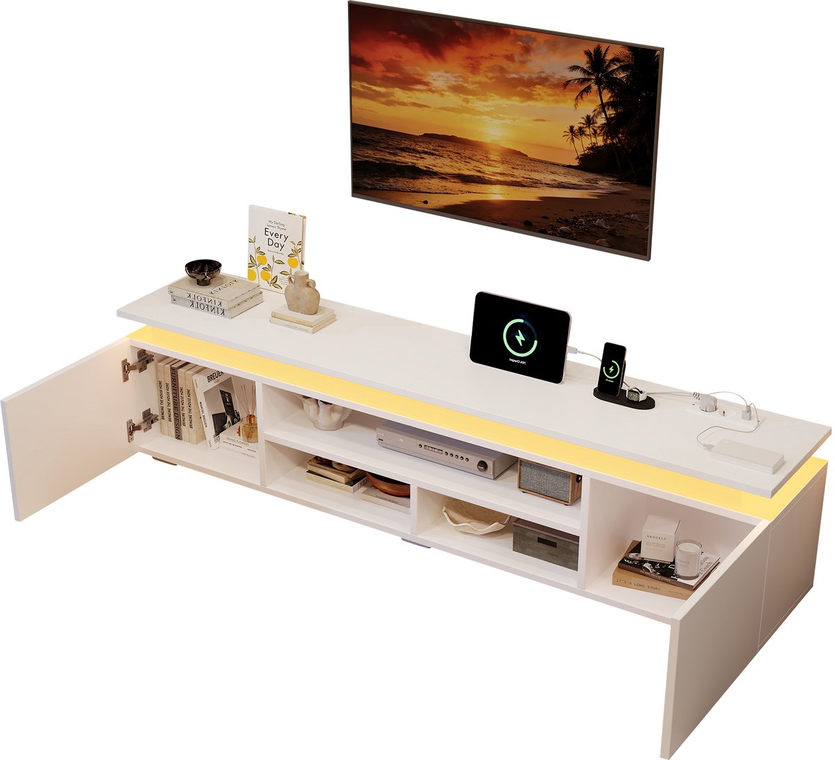 MUVANO Tv Meubel 180 cm Wit - Tv Kast Met Led Verlichting - Televisiemeubel - Tv Dressoir Met Opbergruimte - 180x35x42cm - App Bediening - Woonkamer Wit
