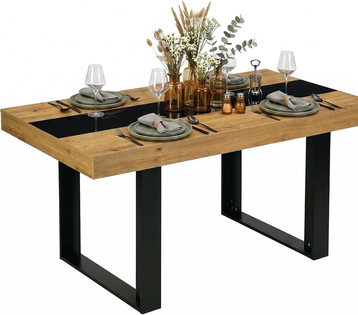 Eettafel, 160 x 80 x 75 cm, moderne industriële stijl, rechthoekige tafel met houtlook, stabiele keukentafel voor eetkamer