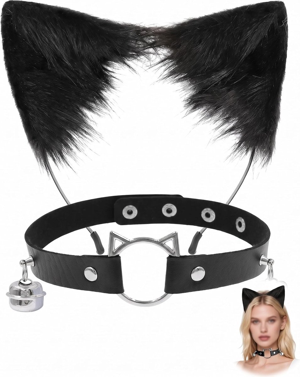 2 stuks kattenkostuum voor dames, vossenkostuum, harig kostuum met imitatiebont, vossenstaart, pluche kattenoren, haarband, leren halsketting, kattenstaartkostuum voor carnaval, kostuumfeest