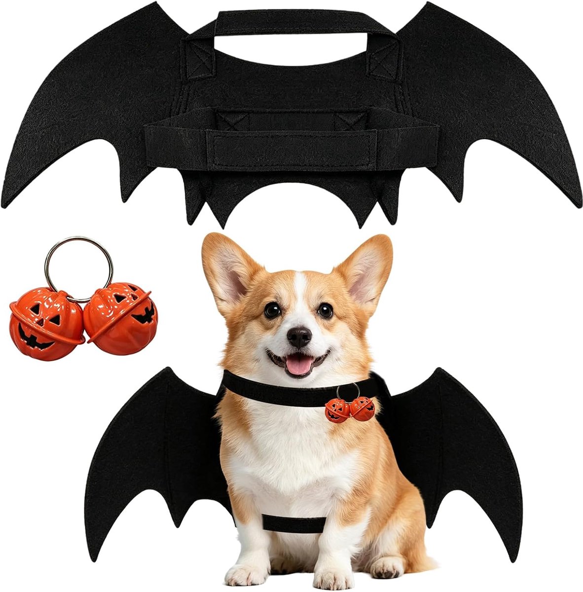 Halloweenkostuum voor honden, vleermuis, zwart, hondenkostuum, Halloween, inclusief vleermuisvleugels, hond en pompoenklokken, voor huisdieren, Halloween, party, cosplay (L)