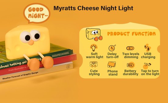 Ryoudavell - Schattig Kaas Nachtlampje LED – Siliconen Nachtlampje - USB Oplaadbaar - Kinderkamer – Timer - Telefoonhouder - Kinder nachtlampje - Slaapkamer - Nachtlampje kinderen - Dimbaar - Draadloos - Nachtlampje baby – Bedlampje -Voor Volwassenen van ryoudavell — afbeelding 2