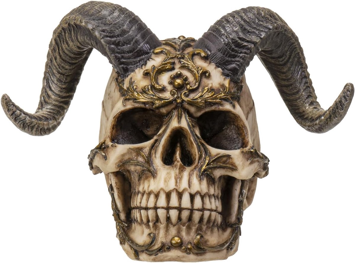 Giftware Diablo schedel met duivel gehoornde en borduurwerk sticker rond de schedel hoofd