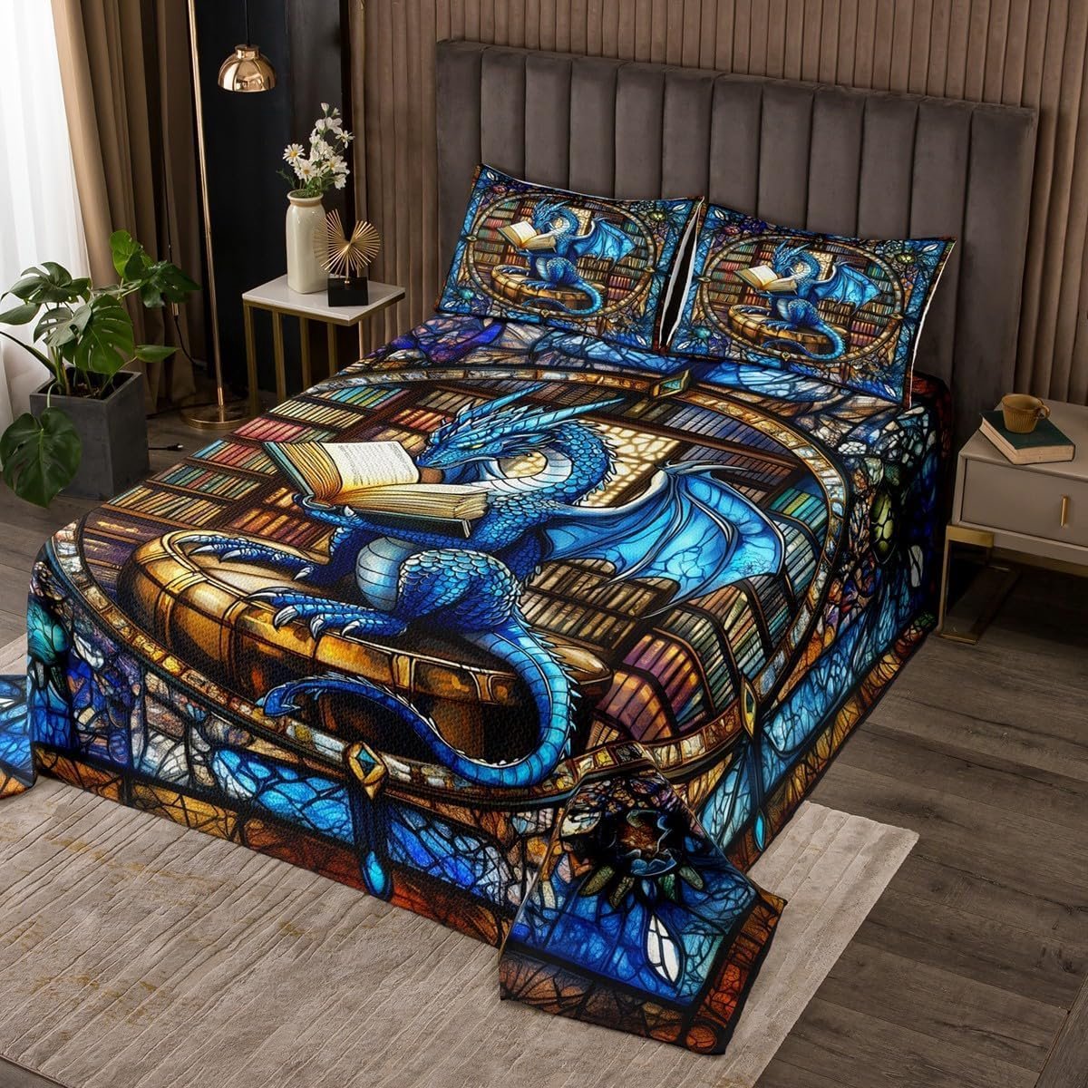 Draak Dekbed L Maat Blauwe Draak Leesboekenplank Beddengoed Set voor Kinderen Geometrisch Patchwork Abstract Coverlet