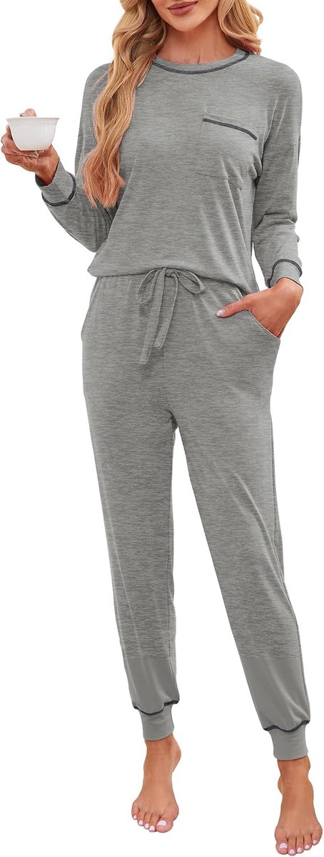 Pyjama dames lange katoenen pyjama set nachtkleding lange mouwen T-shirt en pyjamabroek met zakken
