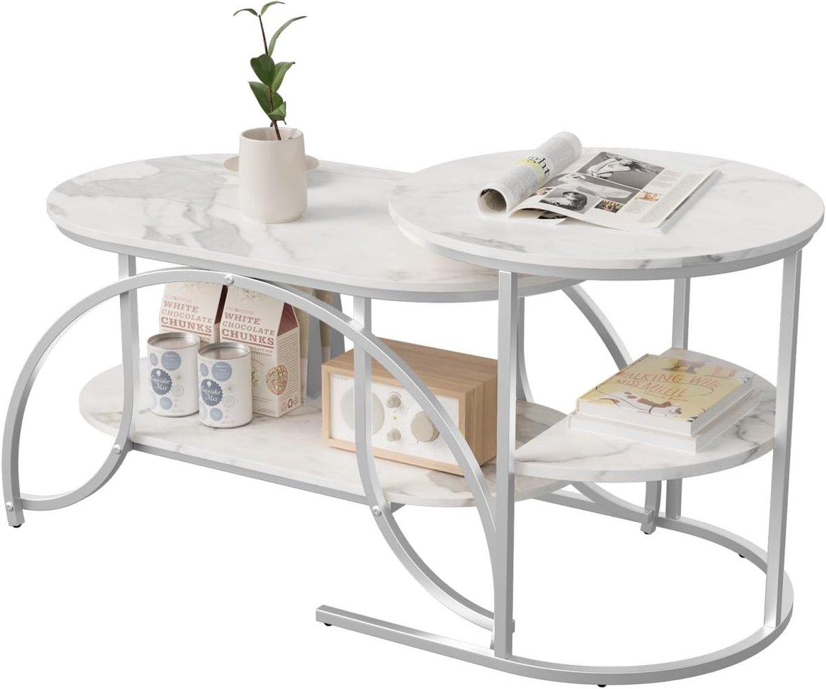 Set van 2 uittrekbare salontafels, woonkamertafel, uittrekbaar, met opslag, salontafelset met metalen frame, marmerlook, moderne bijzettafel (ovaal + rond, zilver + wit)
