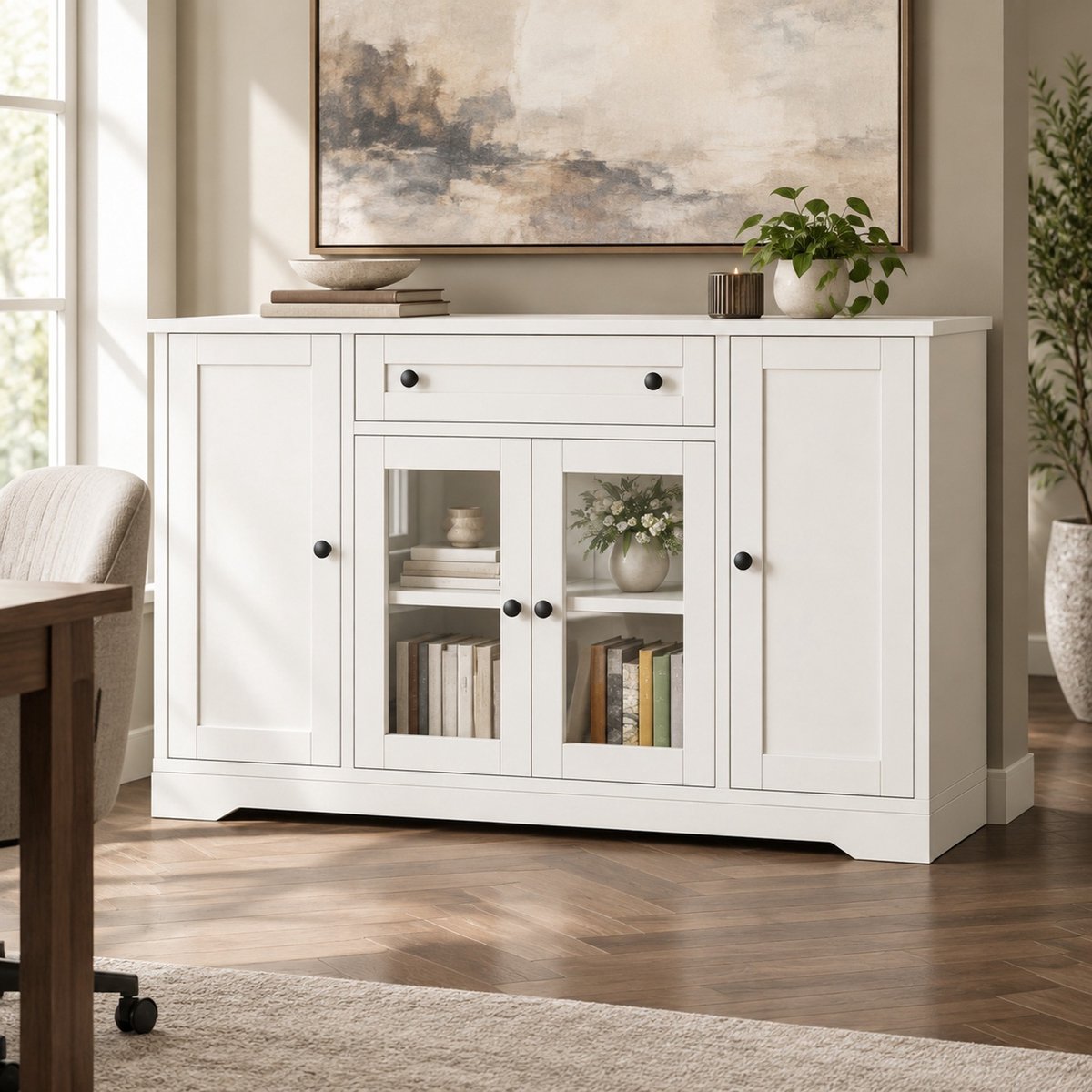HAUSS SPOLE Dressoir - Vier Deuren Met Twee Glazen Deuren En Lade - Voor Woonkamer En Hal - MDF En Spaanplaat - 138x40x83 Cm - Wit