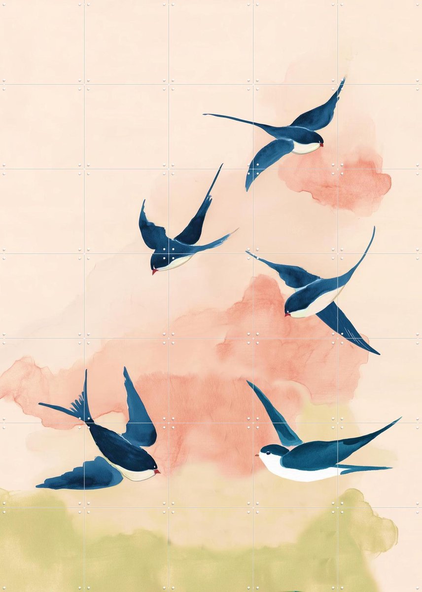 IXXI Swallows In Soft Flight, Branka Kodžoman - 100 x 140 cm - Gratis ophangtool - Grote wanddecoratie en posters - Aquarel, Fantasierijk, Gang