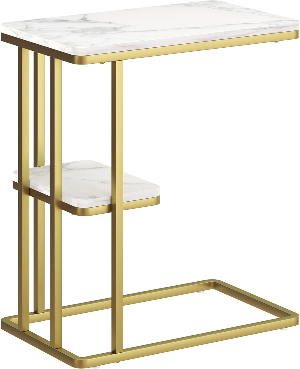 Homona C-vormige bijzettafel met opbergruimte - Met 2 niveaus - 50 x 30 x 57,5 cm - Wit met marmerlook en goud