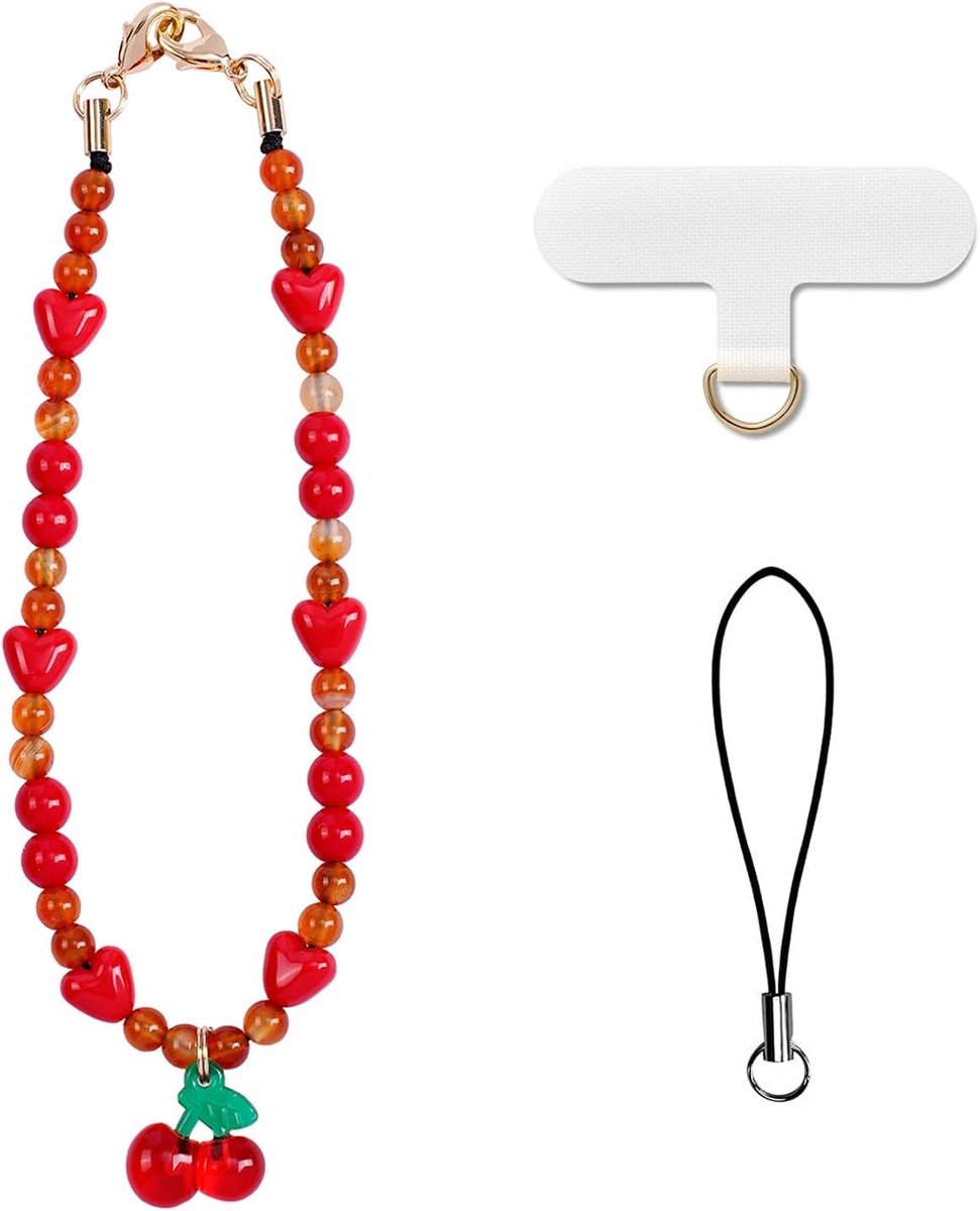 Universele Telefoonketting met Rode Cherry Kraaltjes en Bedeltje