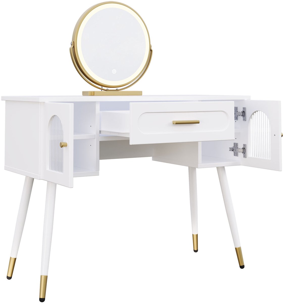 Kaptafel Met Ronde LED Spiegel - Make Up Tafel Met Eén Lade En Twee Kastdeuren - Slaapkamer - Wit Met Gouden Details