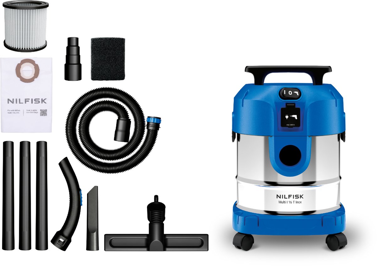 Nilfisk Multi I 16 T Inox Nat- & Droogzuiger 1100W - 16L RVS Waterzuiger met Stopcontact voor Elektrisch Gereedschap & Blaasfunctie