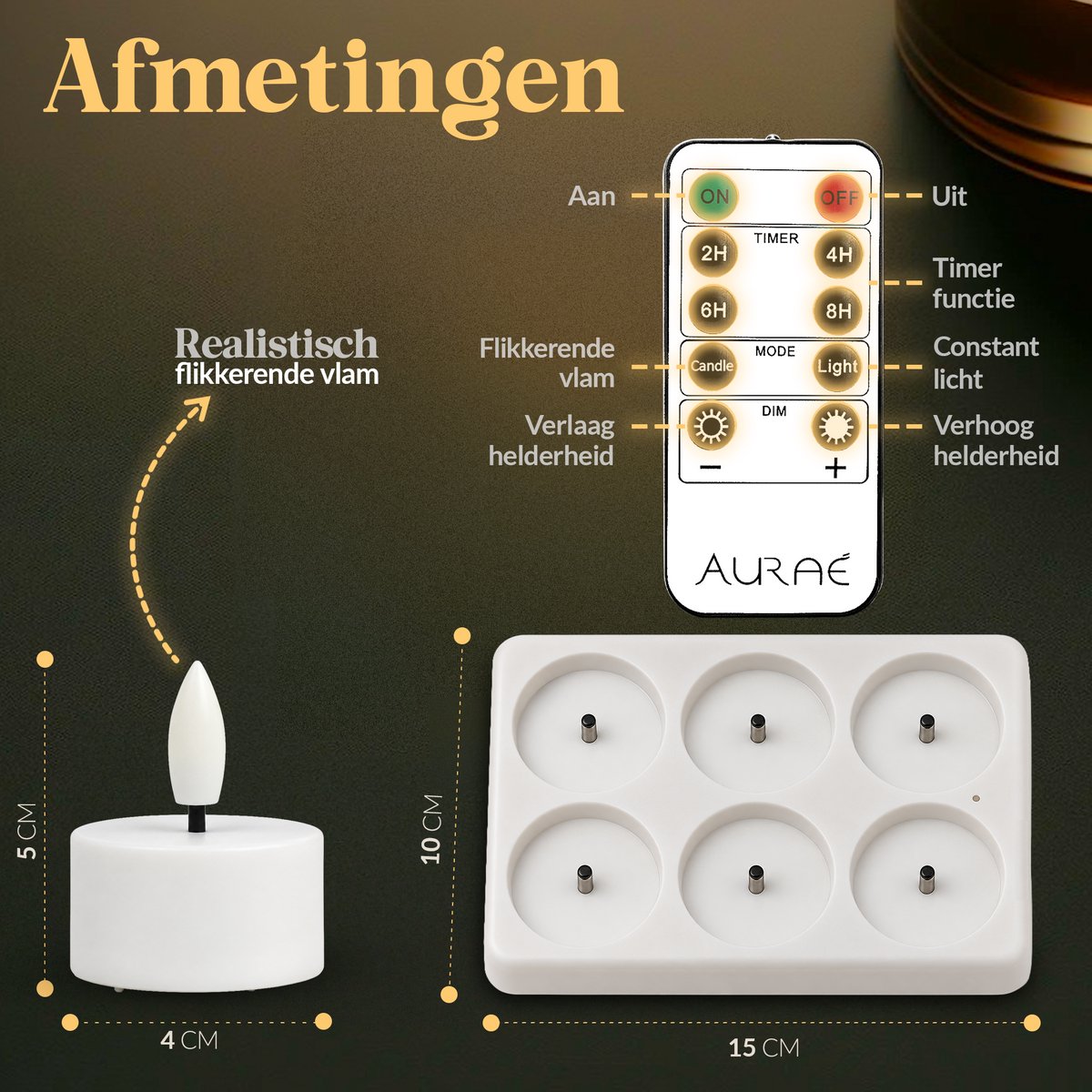 Aurae Oplaadbare Waxinelichtjes 6x - Theelichtjes Oplaadbaar - 30+ Branduren - Led Kaarsen met Afstandsbediening - Flikkerende Vlam - met Lader - Kerst Kaarsen — cadeau in Wonen & Interieur - foto 3