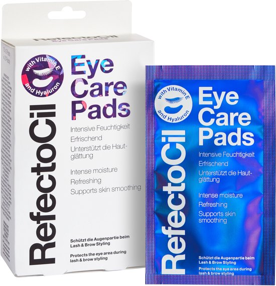 RefectoCil Eye Care Pads: een doosje met oogpads en een sachet, met vitamine E en hyaluron, voor het beschermen van de oogzone tijdens het stylen van wimpers en wenkbrauwen.