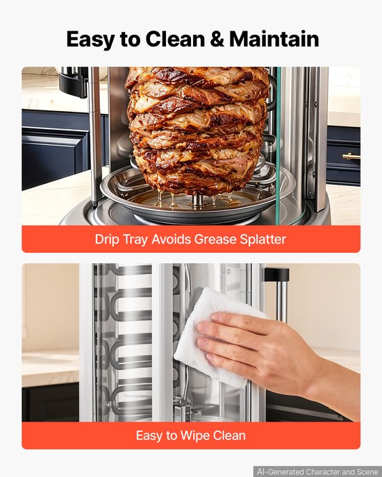 VEVOR Verticale Dönergrill 11,5 L 1500 W Gyrosgrill Kebab Shawarma Zilver voor Kleine Huishoudens, Maximale Temperatuur 190 °C, Timer 0–60 Minuten, Veiligheidsglazen Deur, Lekbak, Draaibare Vork en Spiesjes — afbeelding 4