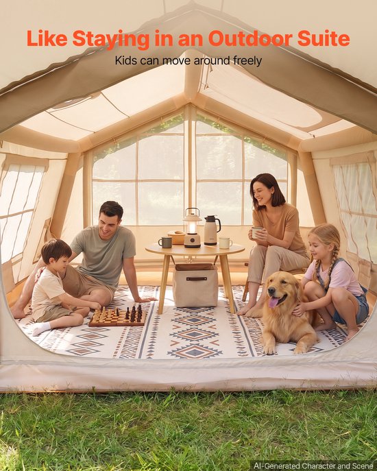 VEVOR Opblaasbare Tent, Luchttent voor 3-5 Personen met Pomp & Zonnescherm, Beige, voor Buitenactiviteiten, Waterafstotend 420D Oxford-Doek met Dakraam, Schoorsteenopening & Gaasraam, Windbestendig — afbeelding 5