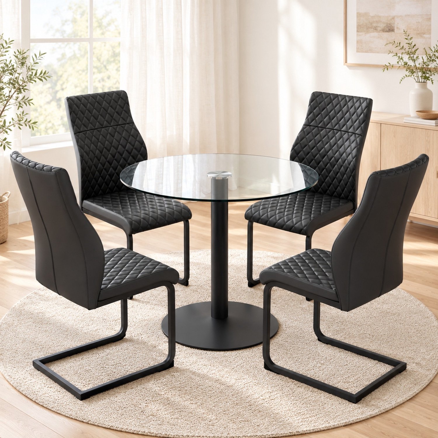 WUVRIE Ronde eettafelset Ø 85 cm - Glazen tafel met 4 stoelen met hoge rugleuning - Zwart/transparant
