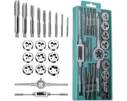 Tapset & Draadsnijset 20-delig - M3-M12 - Metrische Tappen & Snijplaten - Voor Binnen- en Buitendraad - Met Taphouder & Snijplaathouder - Inclusief Opbergdoos