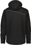 Zwarte DASSY softshelljas, achterkant met capuchon en reflecterende details.