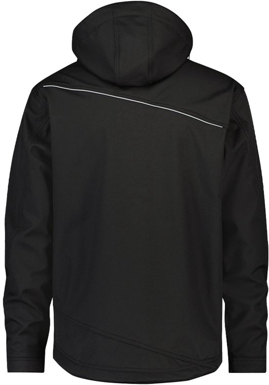 Zwarte DASSY softshelljas, achterkant met capuchon en reflecterende details.