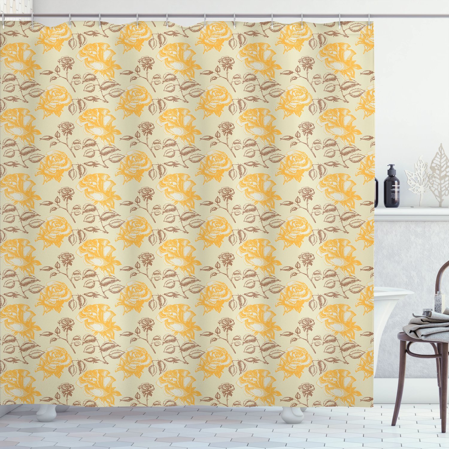 ABAKUHAUS Vintage Bloemen Douchegordijn, Romantische Rozen in Schetsstijl, Liefde- en Valentijnsthema, Stoffen Badkamerdecoratieset met Haken, 175 B x 200 L, Bruin Geel en Beige