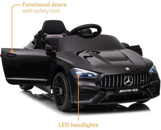 Zwarte kinderauto met openende deuren en verlichte led-koplampen.