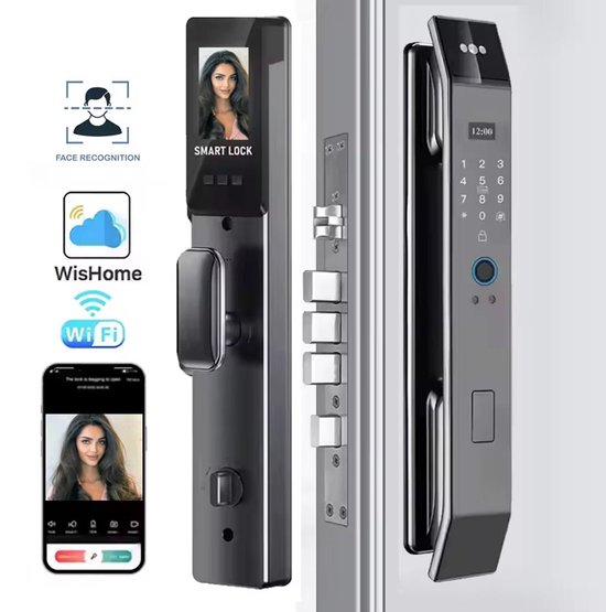 Zwart slim deurslot met WisHome-app interface, gezichtsherkenning en smartphonebediening.