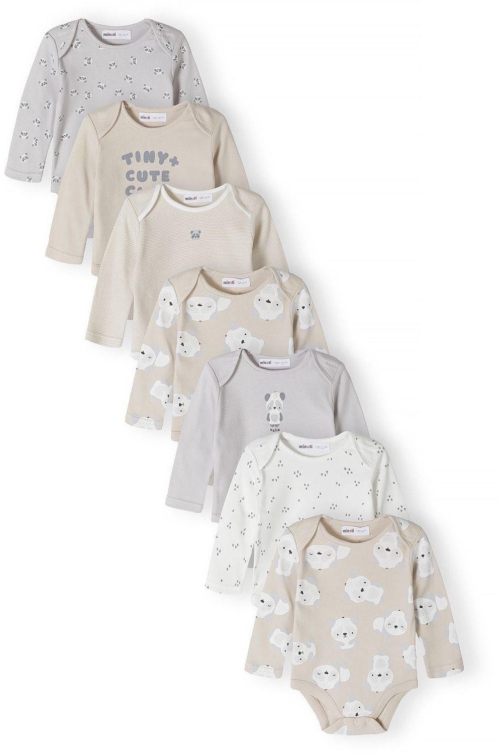 Minoti rompertjes lange mouw – dierengezichtjes – 7-pack – grijs, beige en crème