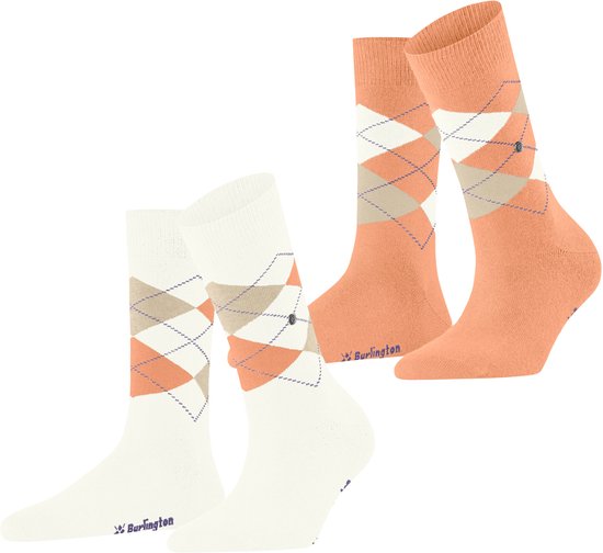 Set van twee paar Burlington sokken met argyle-ruitpatroon in wit en oranje, voorzien van het Burlington-logo.