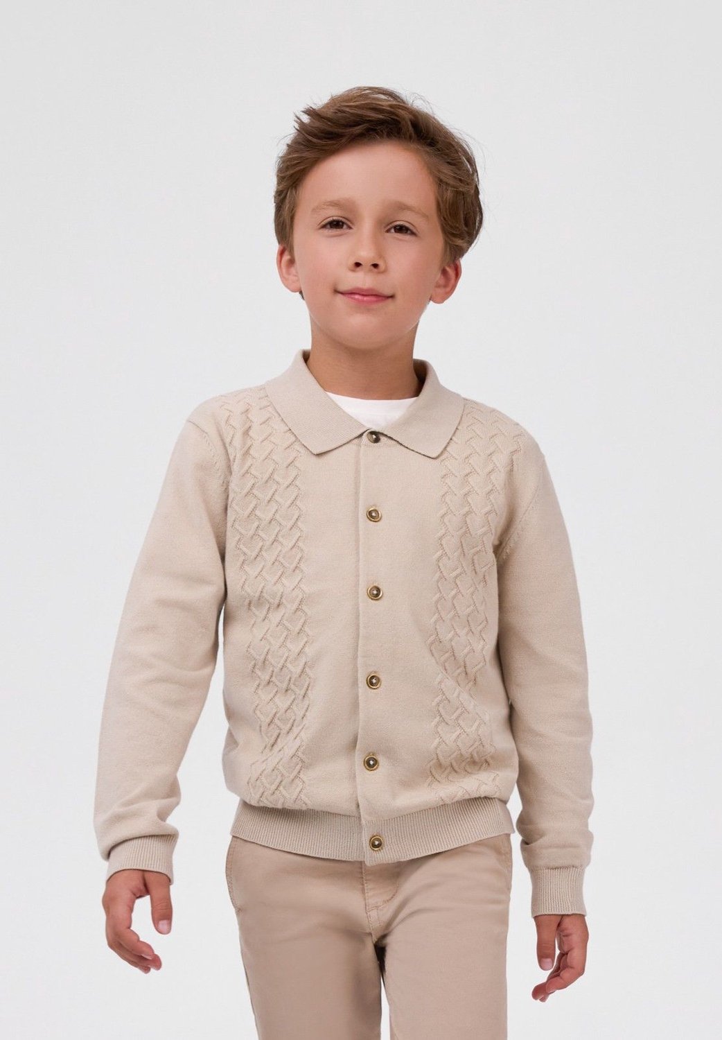 Minoti vest jongens – omslagkraag – ruitpatroon in reliëf – lichtbeige