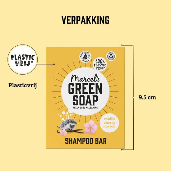 Gele verpakking met Marcel's Green Soap logo. Plastic vrij met 100% plasticvrije verpakking.
