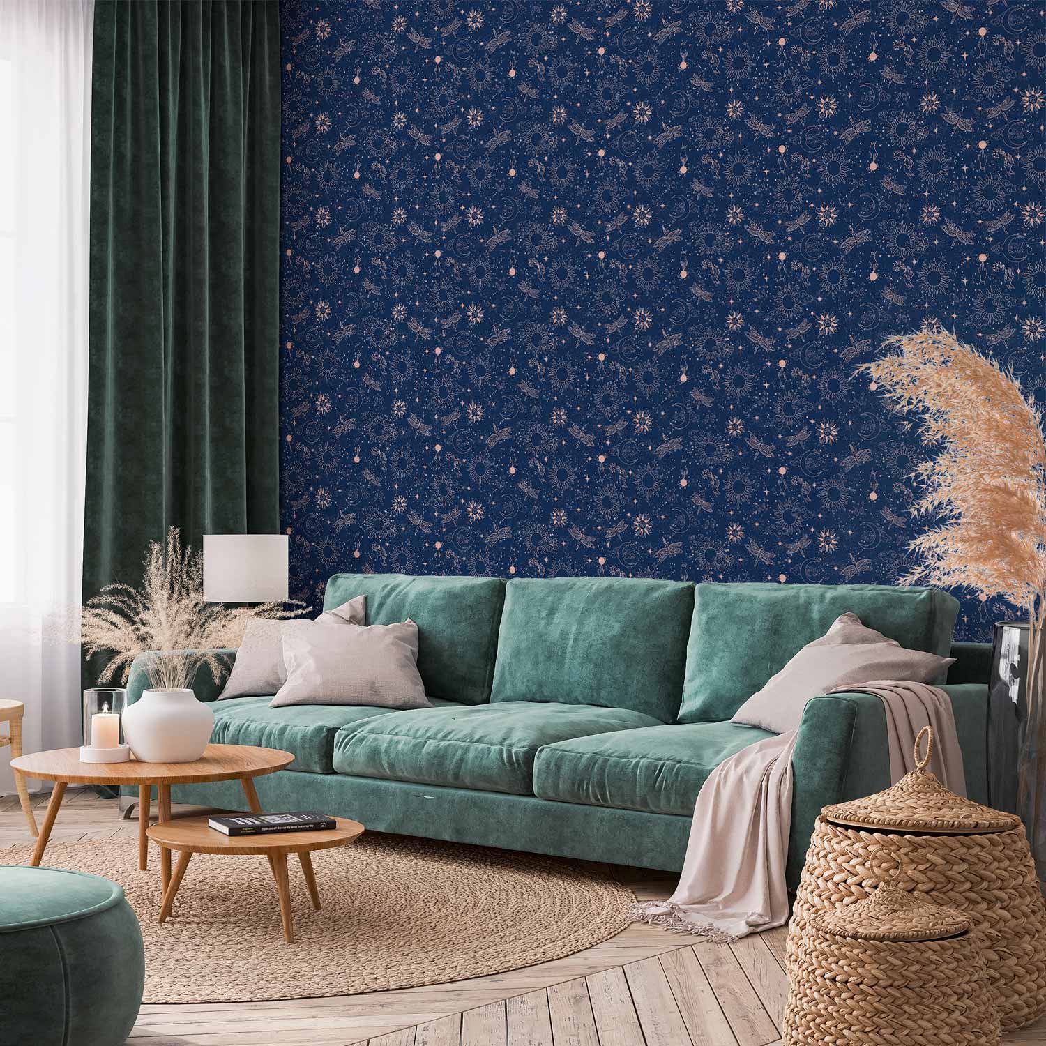 Behang - Cosmic Fantasy - Pattern with Suns - Moons - and Dragonflies on a Dark Background.