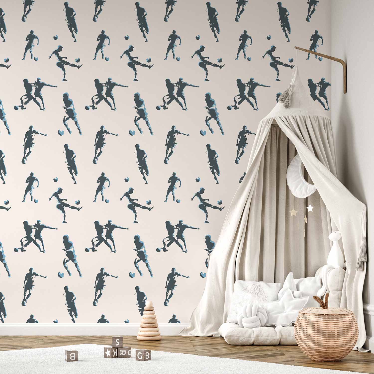 Behang - Football Characters - Action and movement in silhouettes on a light background.