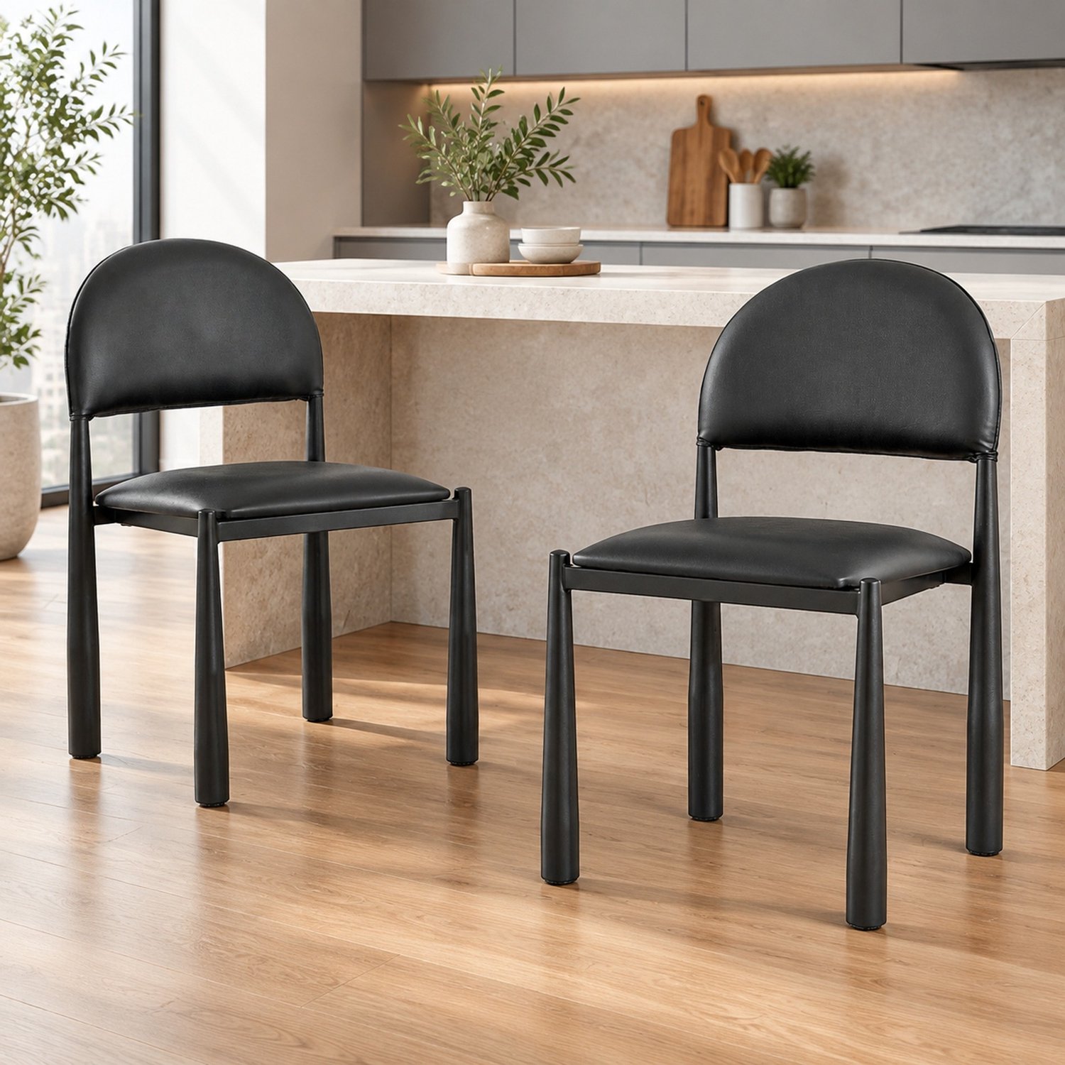 WUVRIE Set van 2 eetkamerstoelen - Halfronde gevoerde rugleuning en metalen poten - Zwart