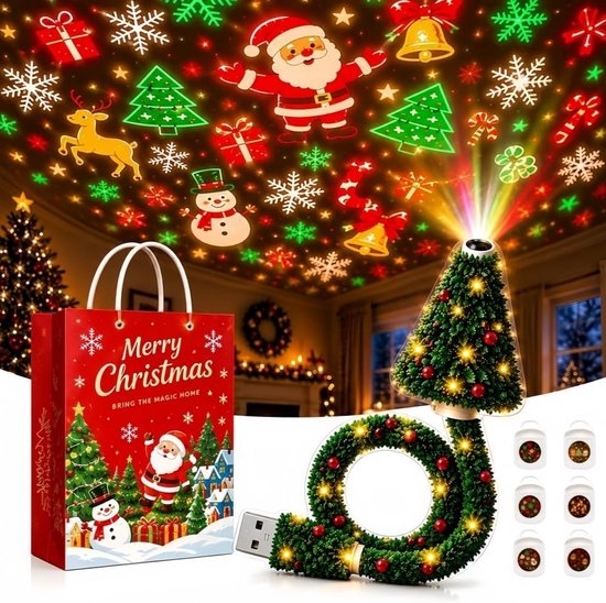 Kerstboomprojector met feestelijke geschenkverpakking, toont diverse vakantiescènes en iconen.