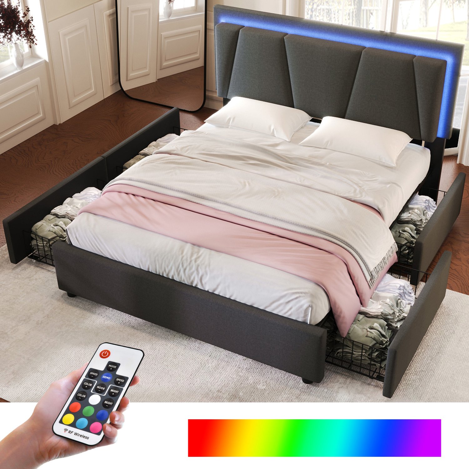 Gestoffeerd Bed 140x200 cm - Opbergbed Met Vier Lades - Verstelbaar Hoofdbord Met LED-Verlichting - Houten Lattenbodem - Grijs