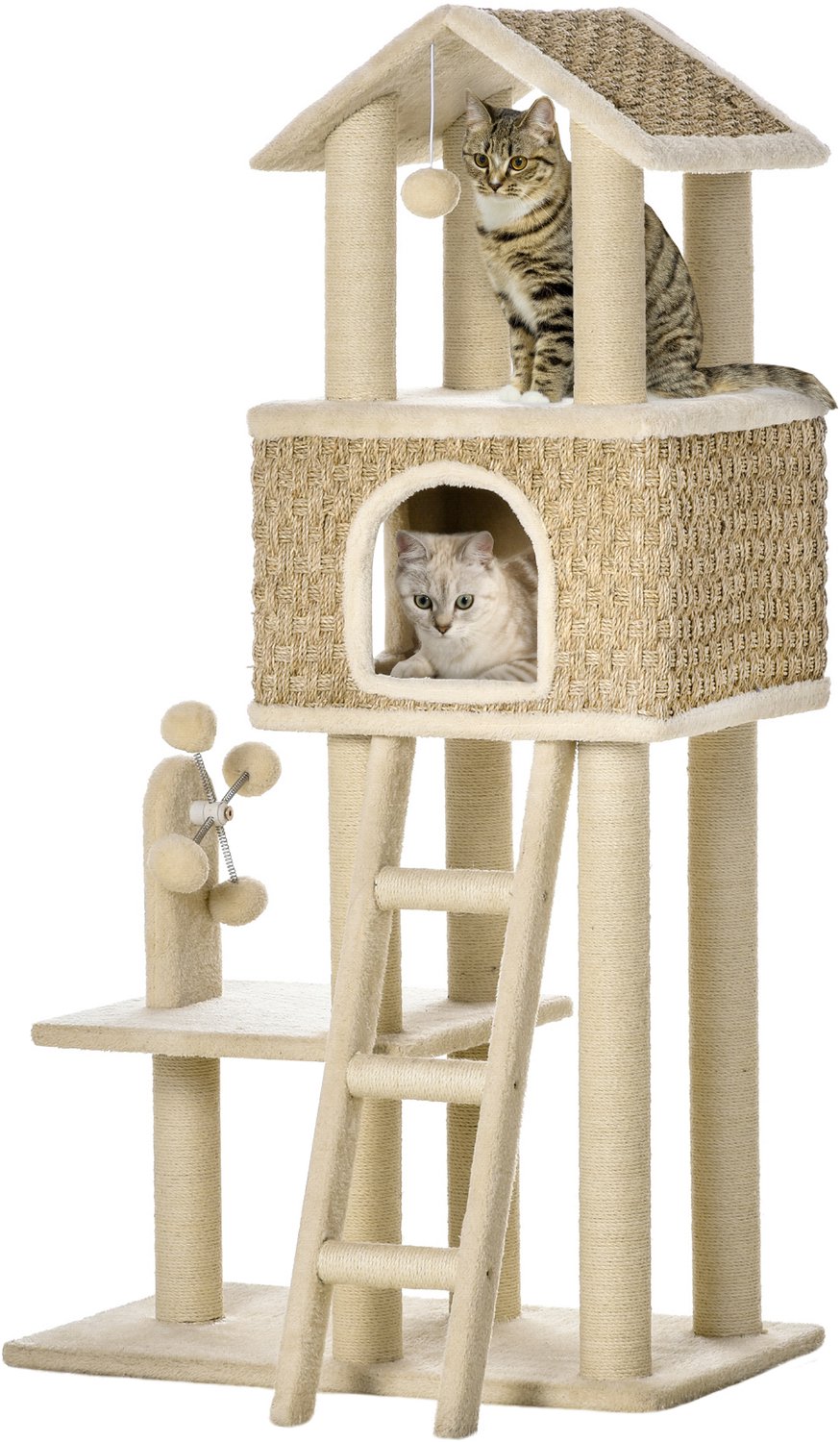 Pawona Krabpaal met kattenhuis - Met sisal, pluche, ladder en speelgoed - 69 x 40 x 131 cm - Khaki/Beige/Koffie