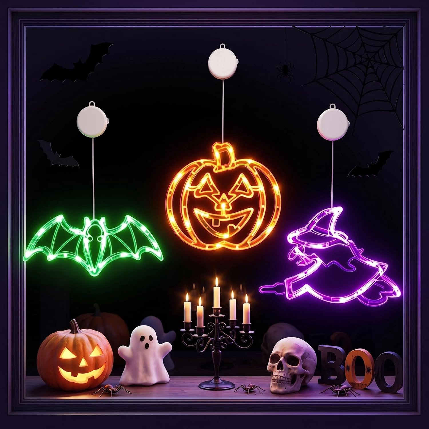 YAGXIG Halloween LED-hangend raamlicht - Halloween-interieur decoratief licht - Halloween-decoratief licht - met zuignap - werkt op batterijen - Geschikt voor huis- en feestdecoratie (meerkleurig)