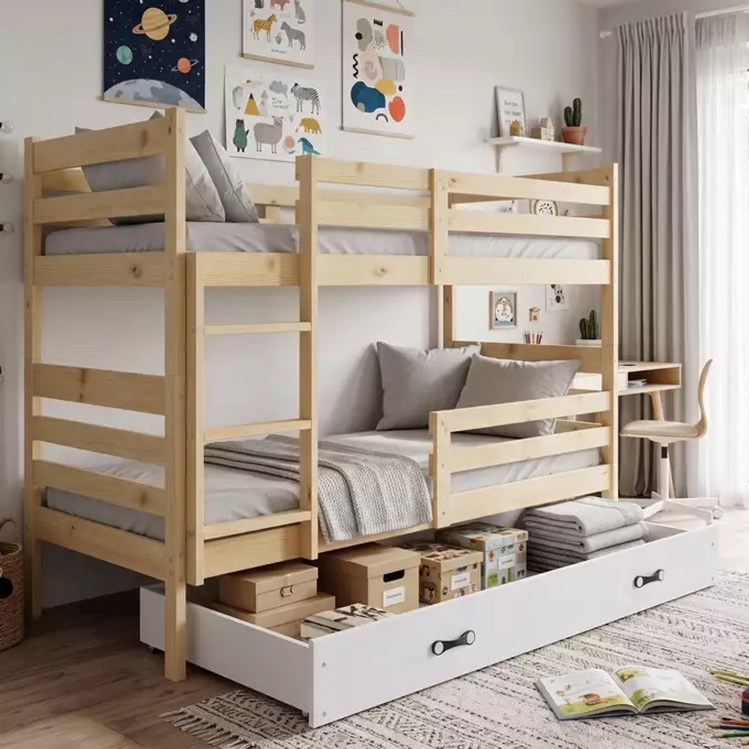 BMS Eryk 90x200 youth bunk bed, with drawer, natural wood/white