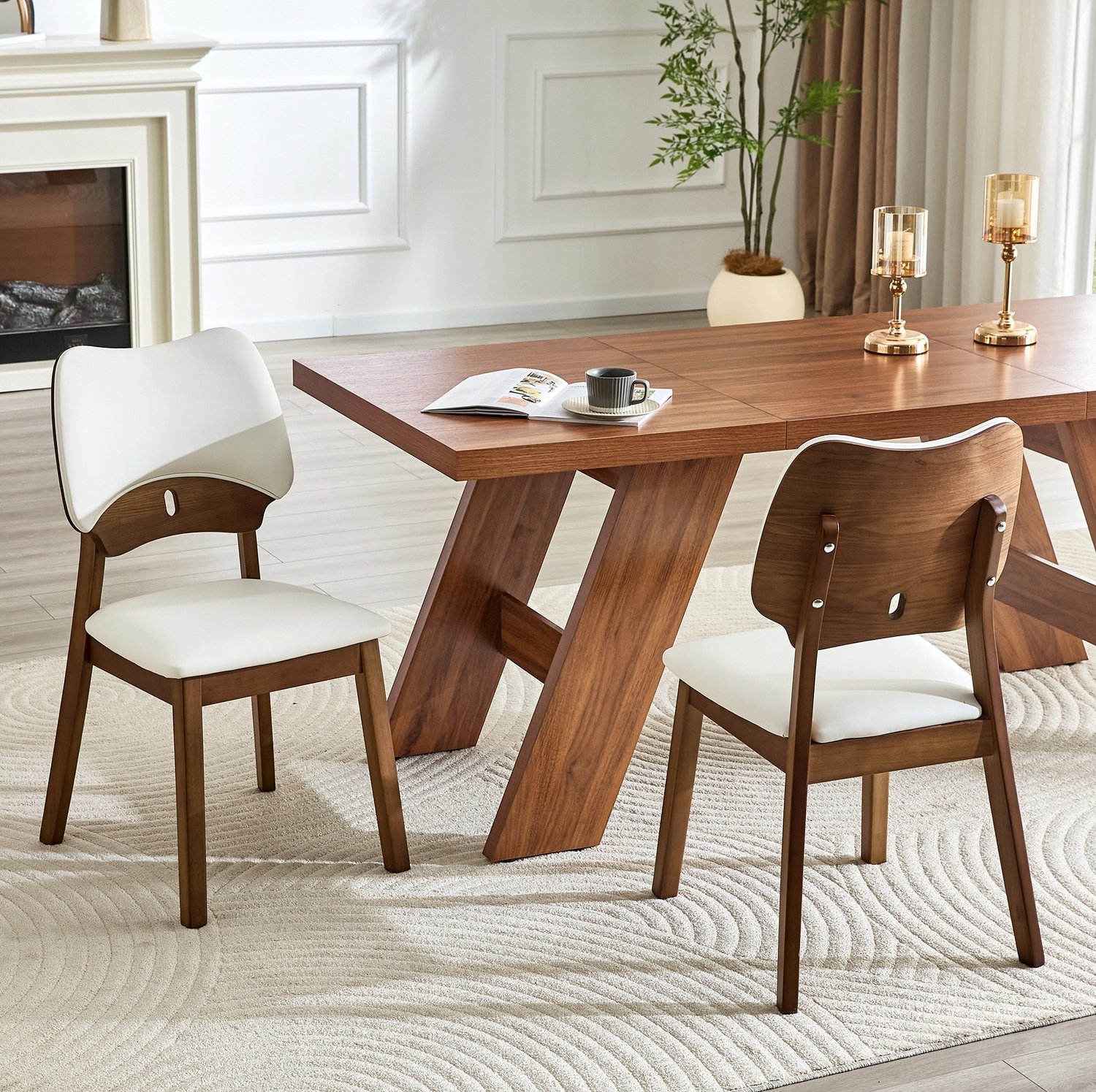 WUVRIE Set van 2 eetkamerstoelen - Vlindervormige houten rugleuning en gewatteerde zitting - Wit