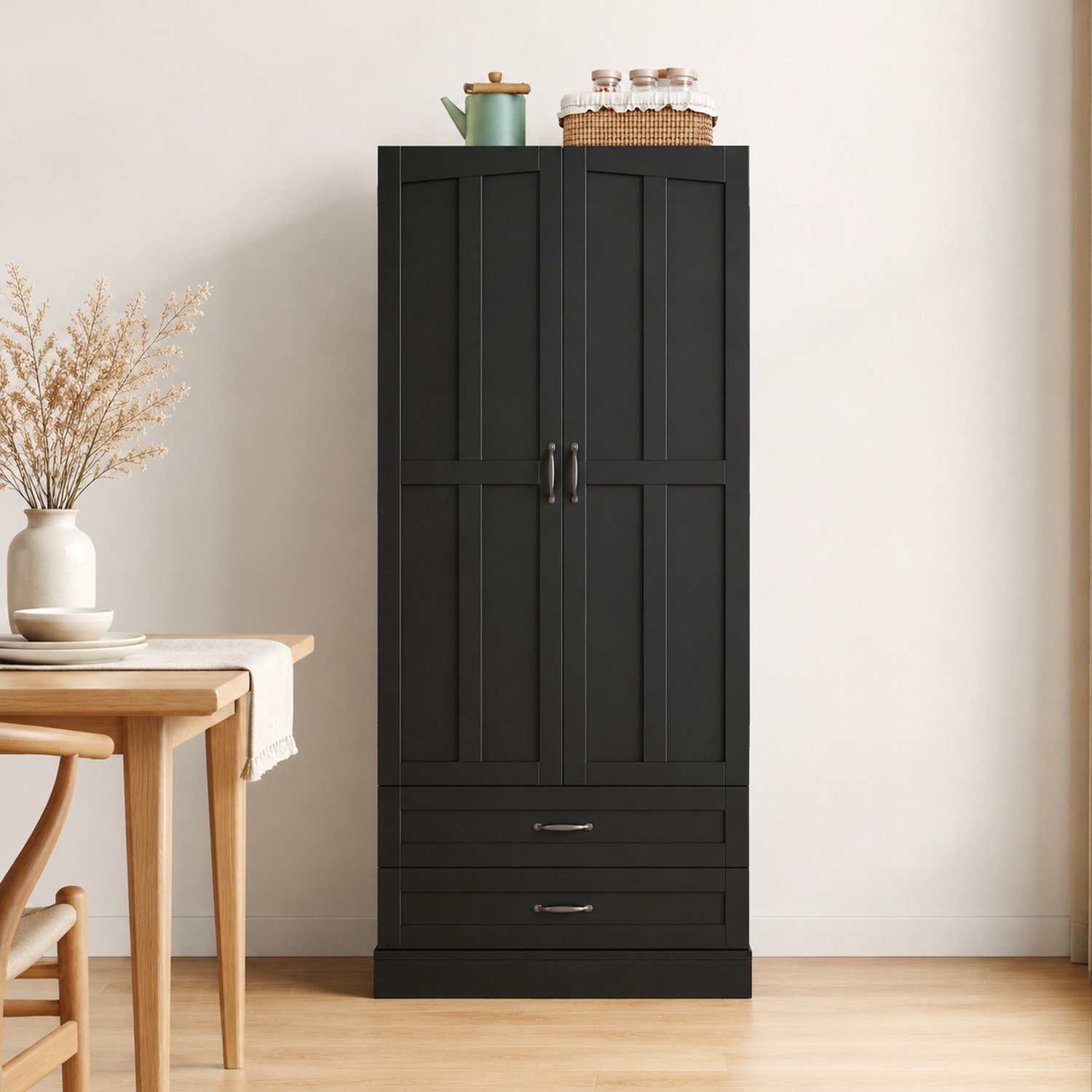 WUVRIE Keukenkast 80 x 37,5 x 180 cm - 3 uittrekbare legplanken en 2 lades - Zwart